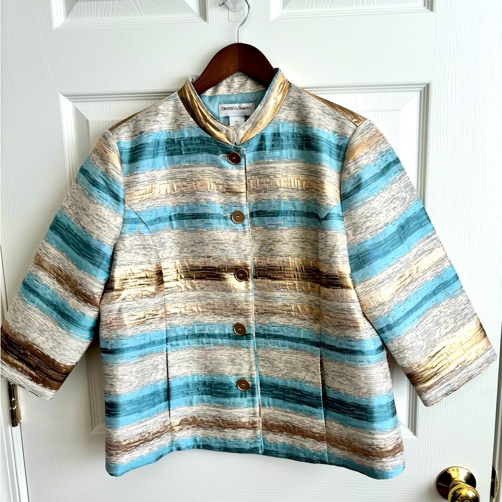 VTG DRAPERS & DAMONS METALLIC SOFT SHELL TAN GOLD BLUE 3/4 SLEEVE JACKET SZ L